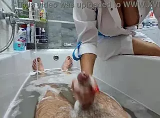 Stepmom ignores stepson’s excitement while washing him. Big tits flash during solo play.