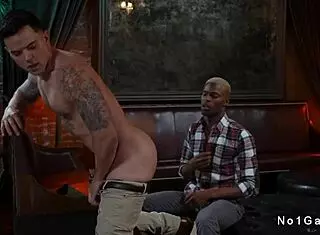 Interracial guys have anal sex in the restaurant after work.