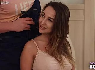 Sexy courier girl experiences female ejaculation during doggystyle and riding.