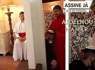 peralta bends over for deepthroat in backroom gay threesome.