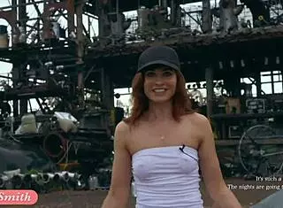 Jeny Smith shows great camel toe and big ass in tight white suit during casting.