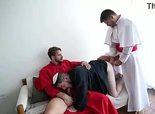 peralta bends over for deepthroat in backroom gay threesome.