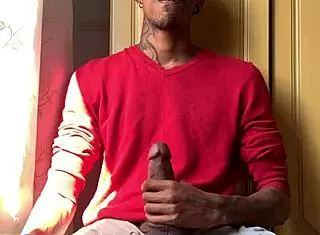 black ebony brazilian smokes while masturbating with oberon's big cock