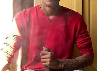 black ebony brazilian smokes while masturbating with oberon's big cock