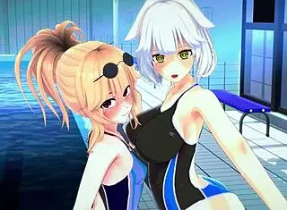 Detailed pool scene in Japanese hentai anime with 3D cartoon characters