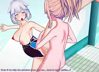 Detailed pool scene in Japanese hentai anime with 3D cartoon characters