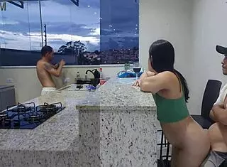 Hot wife gets licked in kitchen until orgasm while cuck washes dishes 🍑💦