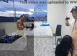 Hot wife gets licked in kitchen until orgasm while cuck washes dishes 🍑💦