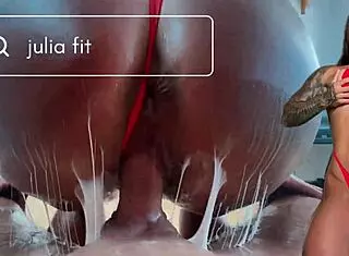 hot oily bitch in red bikini getting anal fisted and creampied by bodybuilder