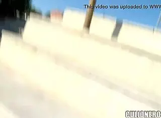 Cute brunette bent over for public fuck.