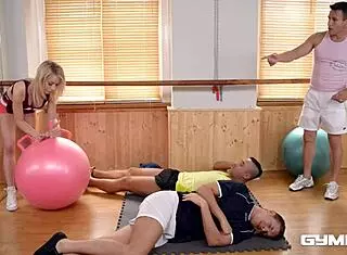 Gym session turns into busty blondie chessie kay blowjob and fucking with cum on tits