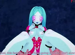 Rebecca delivers a detailed blowjob in the neon-lit night city of cyberpunk fantasy.