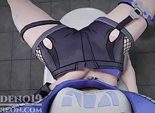 silver wolf from honaki star rail caught masturbating, now giving footjob and blowjob