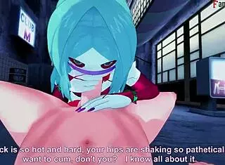 Rebecca delivers a detailed blowjob in the neon-lit night city of cyberpunk fantasy.