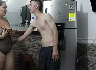 fucking my bbw lover doggystyle in the fridge, cum on tits