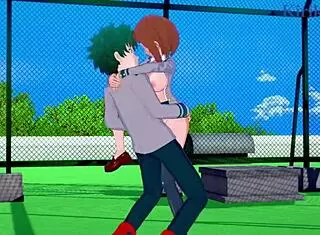 In My Hero Academia, Ochako Uraraka and Izuku Midoriya engage in intense sex, with her big tits bouncing as he creampies her.