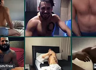 six men on a video call, some fucking their holes with dildos while others stroke their big cocks.