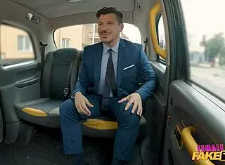 Female fake taxi driver rides lucky guy hard in public POV