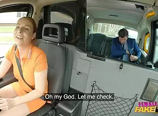 Female fake taxi driver rides lucky guy hard in public POV