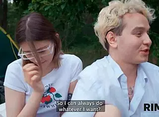 Two girls and one guy enjoy rimjob cleanup in wild camping 4some