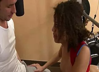 at the gym, french arab squirts while getting fucked hard, licking cum in mouth