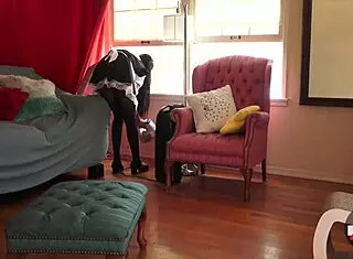 French Maid Vacuums House, Skirt Stockings Upskirt Sexy European Asian Model Cosplay.