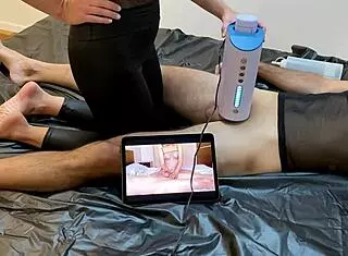 Girlfriend milks boyfriend with blow machine