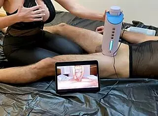 Girlfriend milks boyfriend with blow machine