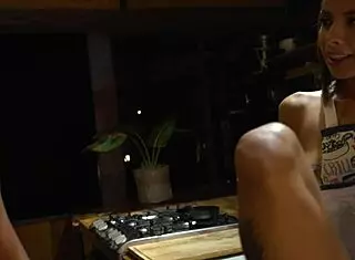 skinny latina sneaks kitchen quickie. almost caught with cum dripping from her!