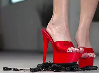 Petite brunette crushes fruits with bare feet and heels in 4k