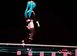 Hatsune Miku does a casual striptease in lingerie, undressing to her shaved pussy while dancing.