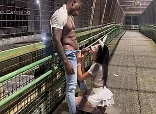 Fucking a slut on a busy avenue, almost getting caught in this public creampie scene