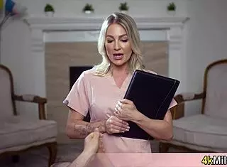 Andi Avalon, the MILF nurse, asks, 'Want your sample fast? Let me glove up and stroke your cock'