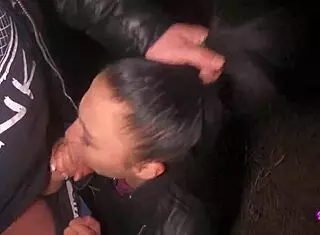night face fuck outdoors! teen brunette gags deep in leather!