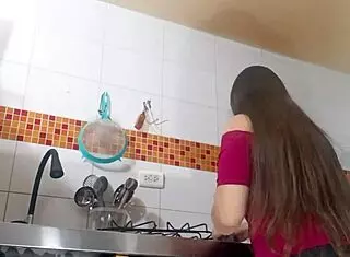 Colombian Latina with Giant Cameltoe Masturbates for Stepson in Tight Leggings