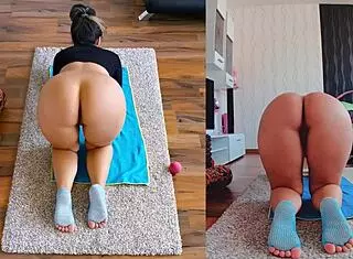 Double the fun with curvy milf ass worshiping during naked yoga workout