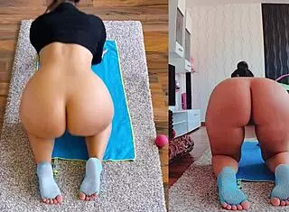 Double the fun with curvy milf ass worshiping during naked yoga workout