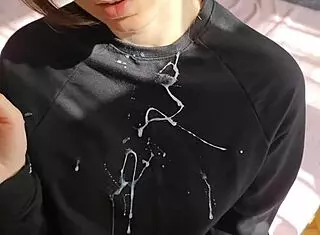 hot handjob leads to huge cumshot on clothes pov